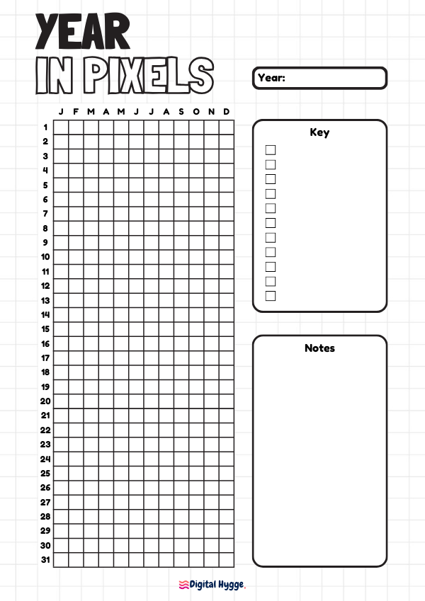 This image features a free printable "Year in Pixels" tracker, versatile with an empty year field for any year's use. It boasts 11 keys for those requiring more detailed tracking and a section for notes. Available in A4 and Letter sizes.