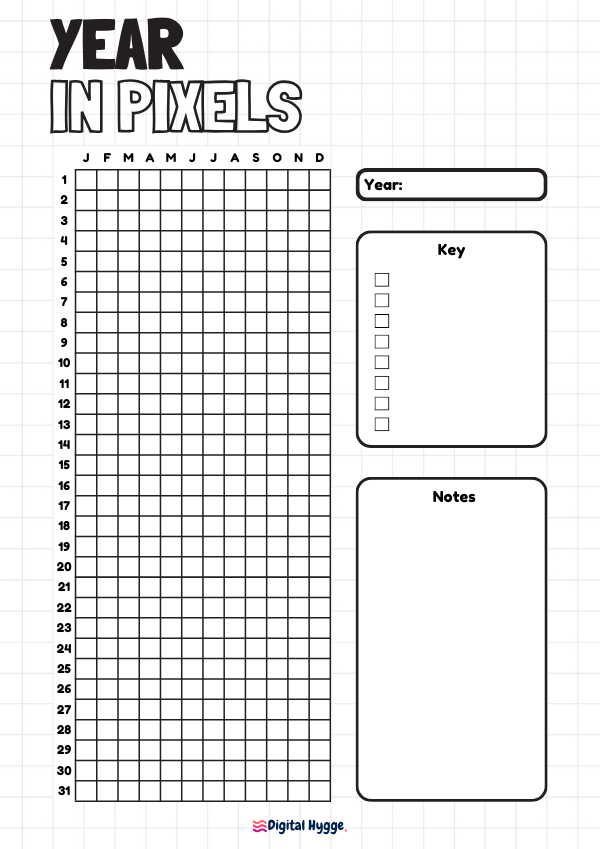 This image features a free printable "Year in Pixels" tracker, designed with an empty year field for use in any year. It includes 8 keys for personalized tracking and a dedicated space for notes, all presented in a charming Doodle style. Available in both A4 and Letter sizes.