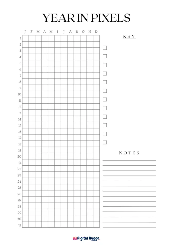 This image presents a variation of the "Year in Pixels" tracker, available as a free printable. It boasts a modern and elegant design, with 12 keys for tracking and space for notes. Sizes available are A4 and Letter.