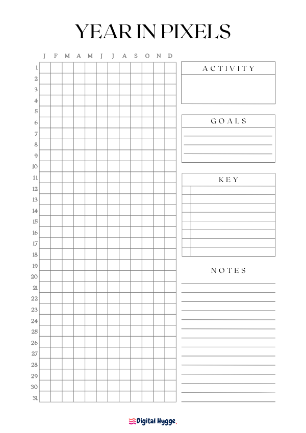 This image showcases a free printable "Year in Pixels" tracker, featuring a modern and elegant design. It includes additional fields for tracking activities, setting goals, and adding keys and notes. Available sizes are A4 and Letter.