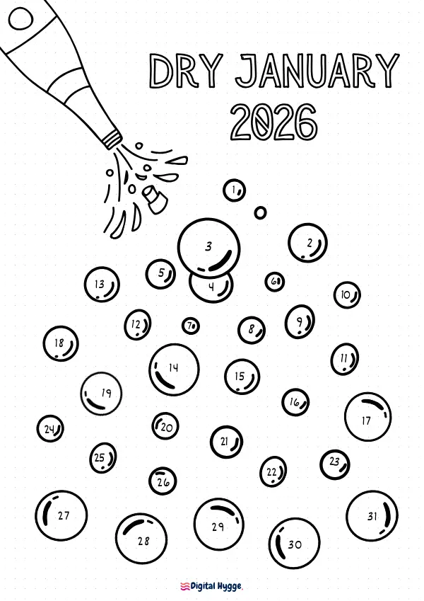 Dry January 2026 Free Printable no Alcohol Tracker in two styles (white and bullet journal).