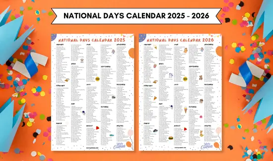 Printable National Days Calendars 2025 and 2026