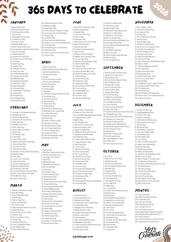 365 Days to Celebrate 2026 Aesthetic Printable PDF