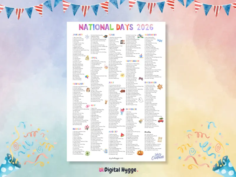 National Days Calendar 2026 Watercolor